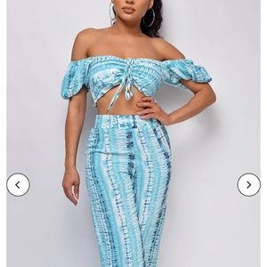 Luxxel 2 piece wide leg pant crop top turquoise tie dye medium